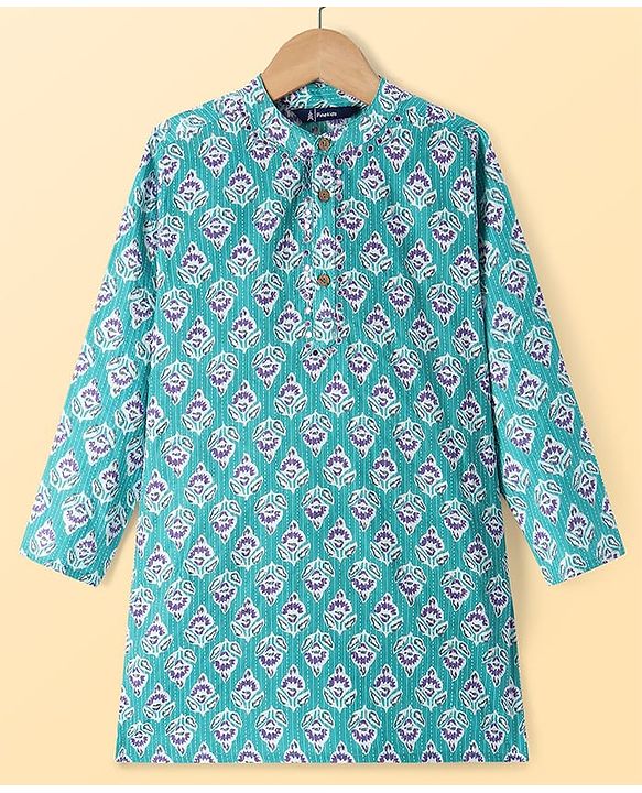 Pine Kids Cotton Woven Full Sleeves Kurta Pyjama Set with Floral Print - Turquoise