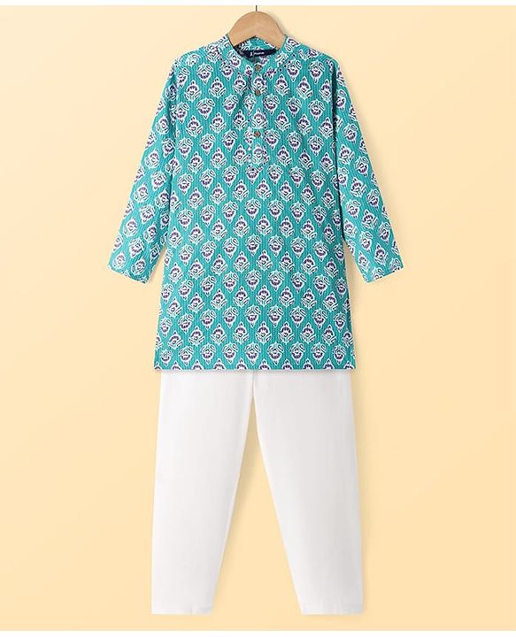 Pine Kids Cotton Woven Full Sleeves Kurta Pyjama Set with Floral Print - Turquoise