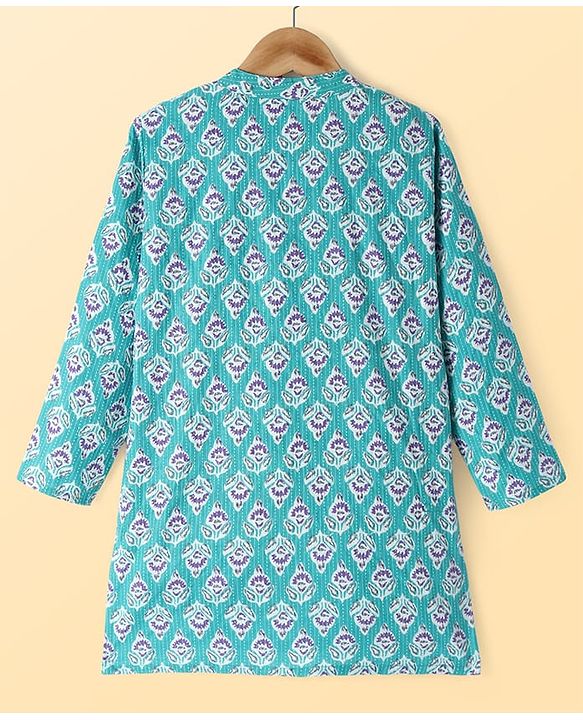 Pine Kids Cotton Woven Full Sleeves Kurta Pyjama Set with Floral Print - Turquoise