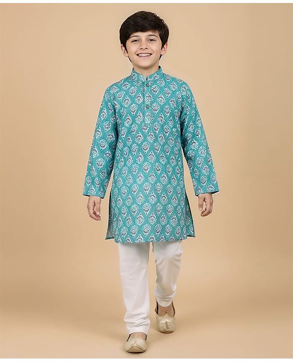 Pine Kids Cotton Woven Full Sleeves Kurta Pyjama Set with Floral Print - Turquoise