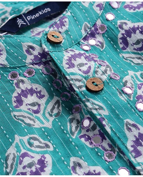 Pine Kids Cotton Woven Full Sleeves Kurta Pyjama Set with Floral Print - Turquoise