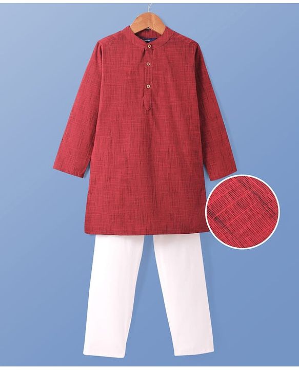 Pine Kids Cotton Woven Full Sleeves Solid Colour Kurta Pyjama Set - Maroon