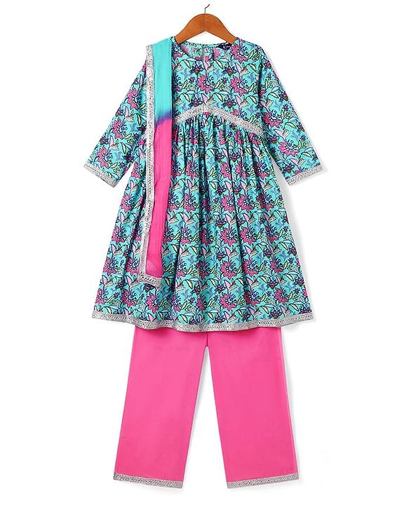 Pine Kids Cotton Woven Three Fourth Sleeves Kurta & Churidar with Dupatta Set Floral Print - Pink