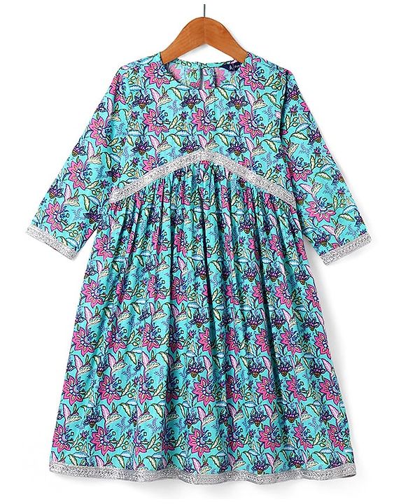 Pine Kids Cotton Woven Three Fourth Sleeves Kurta & Churidar with Dupatta Set Floral Print - Pink