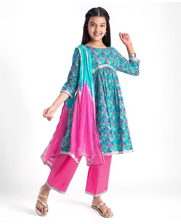 Pine Kids Cotton Woven Three Fourth Sleeves Kurta & Churidar with Dupatta Set Floral Print - Pink