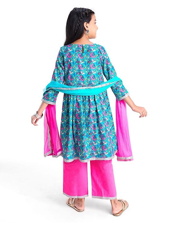 Pine Kids Cotton Woven Three Fourth Sleeves Kurta & Churidar with Dupatta Set Floral Print - Pink