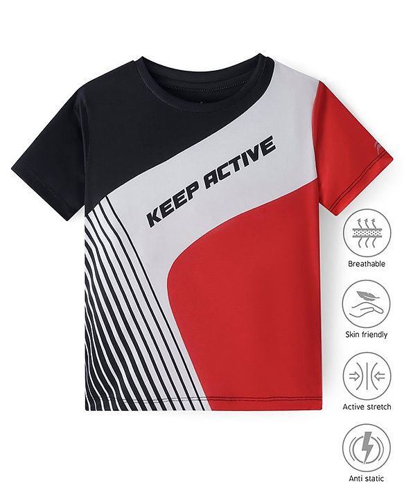 Pine Active Knit Half Sleeves T-Shirt With Colour Block & Text Print - Multi Colour
