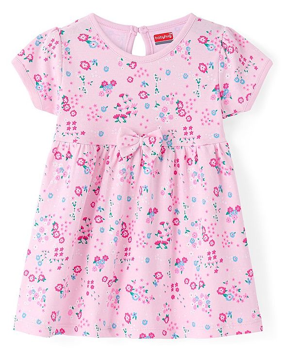 Babyhug Interlock Knit Half Sleeves Floral Printed Frock with Bow Applique - Pink