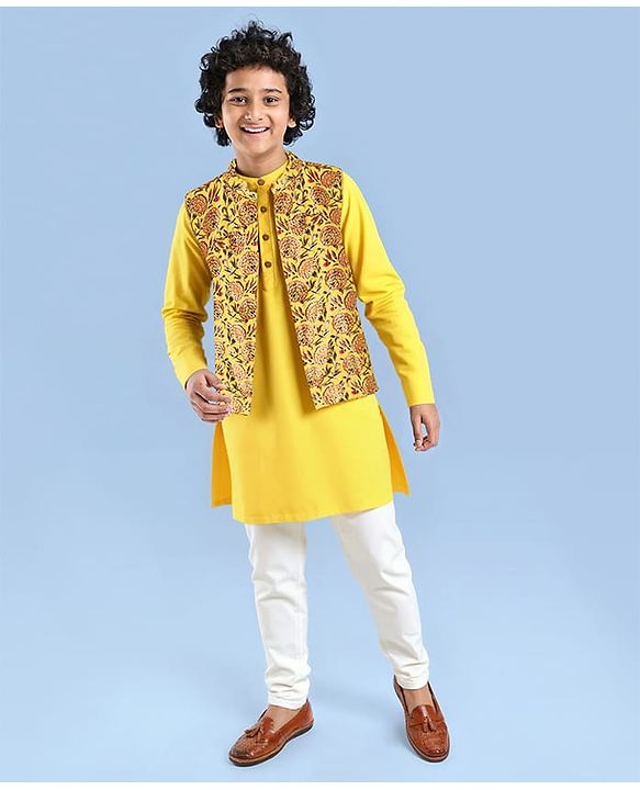 Pine Kids Viscose Woven Full Sleeves Solid Kurta Pyjama Set with Floral Printed Jacket - Yellow