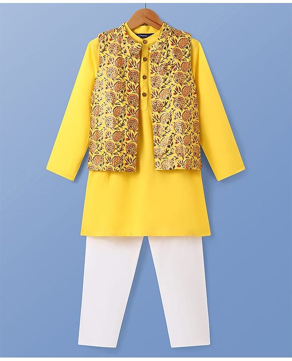 Pine Kids Viscose Woven Full Sleeves Solid Kurta Pyjama Set with Floral Printed Jacket - Yellow