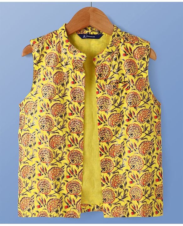 Pine Kids Viscose Woven Full Sleeves Solid Kurta Pyjama Set with Floral Printed Jacket - Yellow