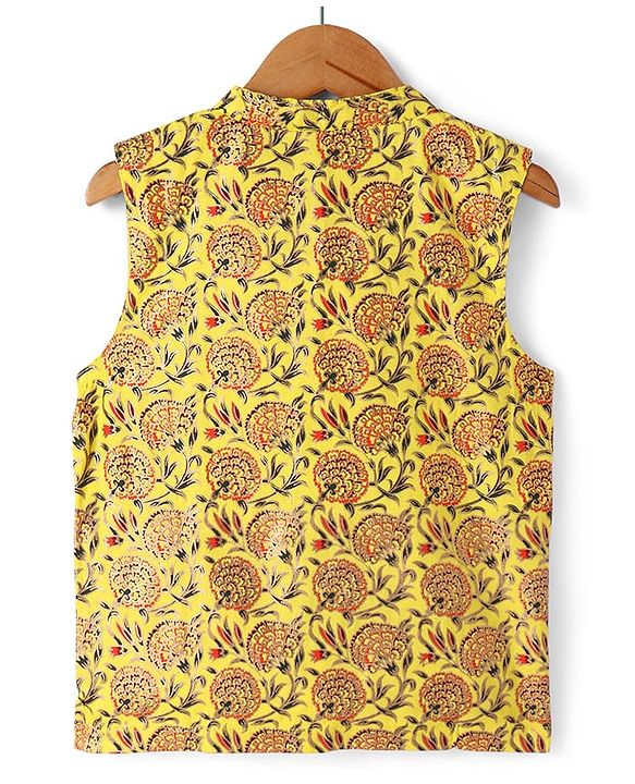 Pine Kids Viscose Woven Full Sleeves Solid Kurta Pyjama Set with Floral Printed Jacket - Yellow