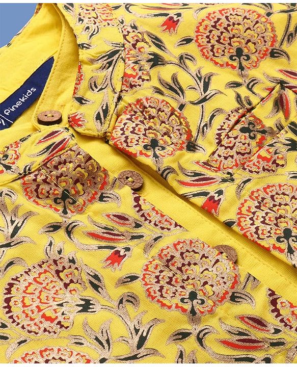 Pine Kids Viscose Woven Full Sleeves Solid Kurta Pyjama Set with Floral Printed Jacket - Yellow