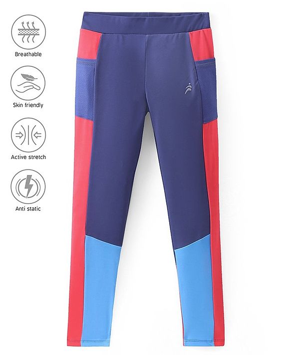 Pine Active Knit Full Length Super Stretch Leggings With Cut & Sew Design - Red & Blue