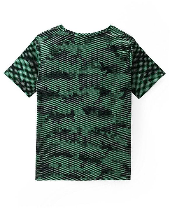 Pine Active Knitted Half Sleeves T-Shirt With Text & Camouflage Print - Dark Green