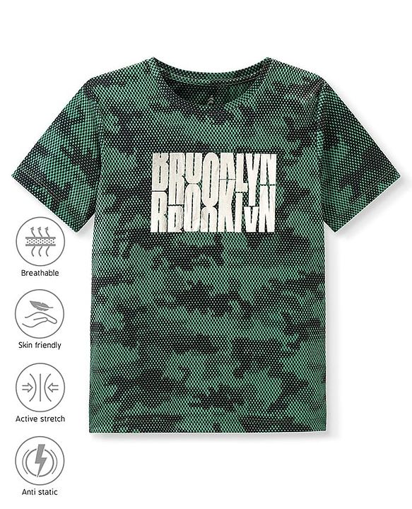 Pine Active Knitted Half Sleeves T-Shirt With Text & Camouflage Print - Dark Green