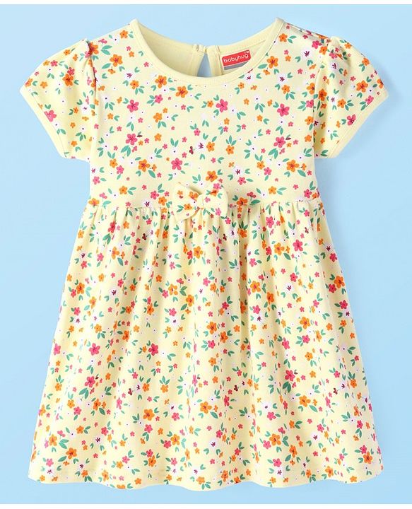 Babyhug Interlock Knit Half Sleeves Frock with Floral Print & Bow Applique -Light Yellow