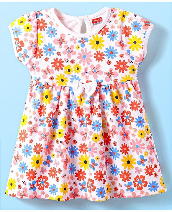 Babyhug Interlock Knit Half Sleeves Frock With Floral Print & Bow Applique - White