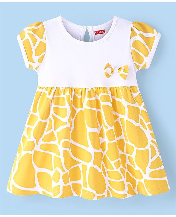 Babyhug Cotton Knit Half Sleeves Printed Frock With Bow Applique - White & Yellow