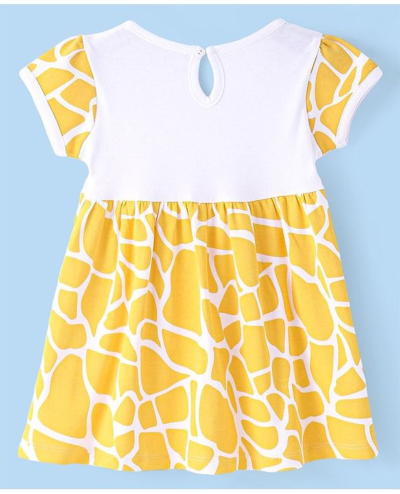 Babyhug Cotton Knit Half Sleeves Printed Frock With Bow Applique - White & Yellow