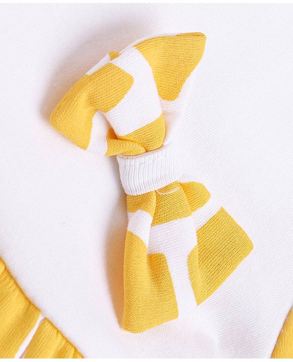 Babyhug Cotton Knit Half Sleeves Printed Frock With Bow Applique - White & Yellow