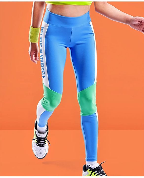 Pine Active Knit Full Length Super Stretch Leggings With Cut & Sew Design & Text Print On Side - Blue & Green