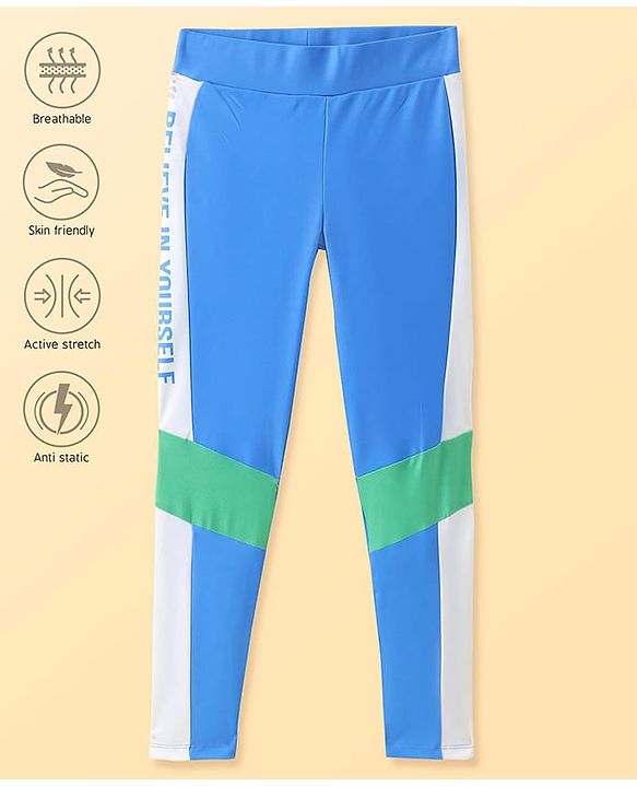 Pine Active Knit Full Length Super Stretch Leggings With Cut & Sew Design & Text Print On Side - Blue & Green