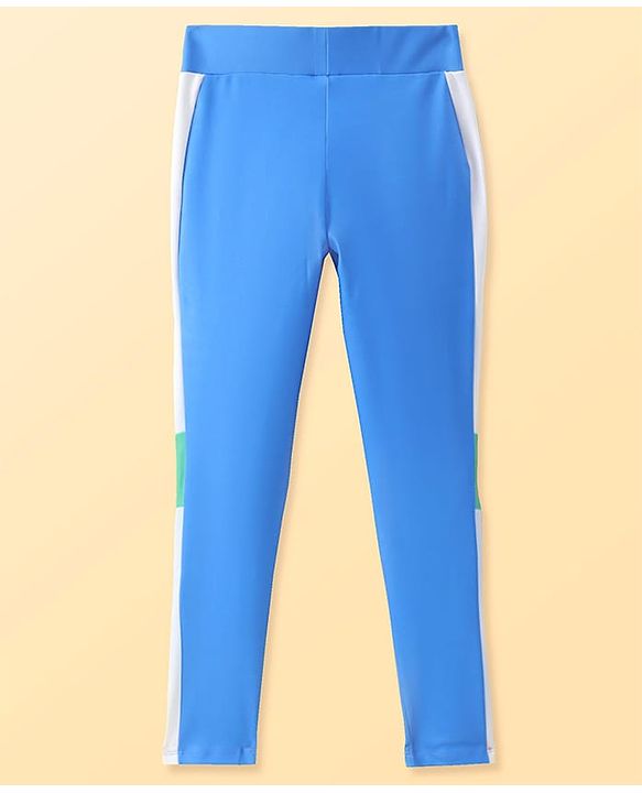 Pine Active Knit Full Length Super Stretch Leggings With Cut & Sew Design & Text Print On Side - Blue & Green