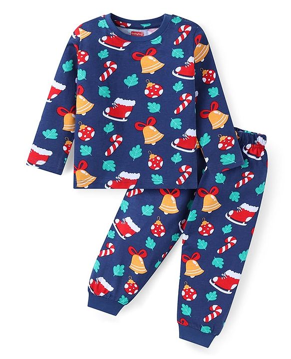 Babyhug Cotton Knit Full Sleeves Christmas Theme Print Night Suit - Navy Blue
