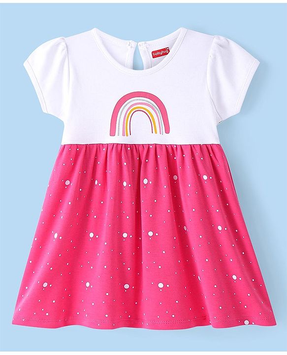 Babyhug Cotton Knit Half Sleeves Frock With Rainbow Print - White & Dark Pink