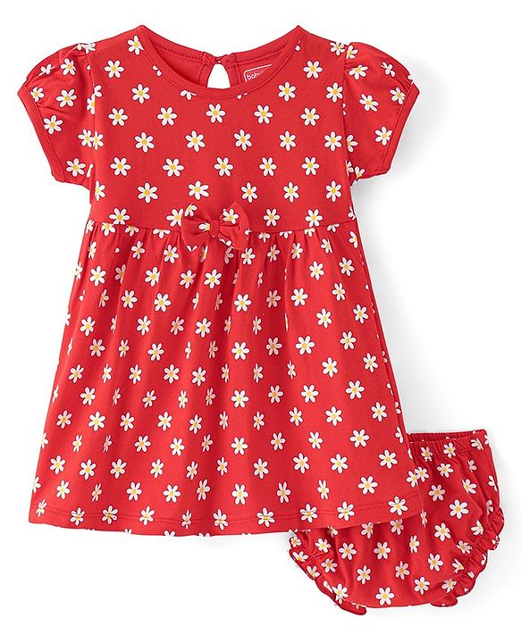 Babyhug Sinker Knit Half Sleeves Floral Printed Frock with Bloomer & Bow Applique - Red