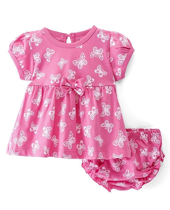 Babyhug Sinker Knit Half Sleeves Frock With Bloomer Butterfly Print & Bow Applique- Pink