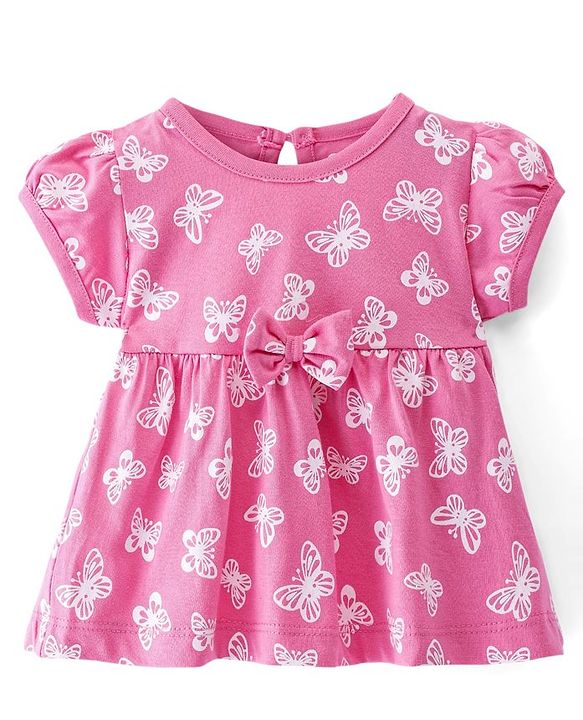 Babyhug Sinker Knit Half Sleeves Frock With Bloomer Butterfly Print & Bow Applique- Pink