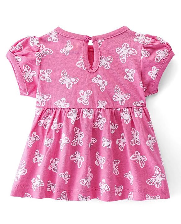 Babyhug Sinker Knit Half Sleeves Frock With Bloomer Butterfly Print & Bow Applique- Pink