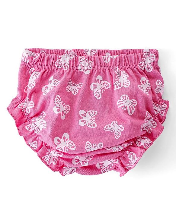 Babyhug Sinker Knit Half Sleeves Frock With Bloomer Butterfly Print & Bow Applique- Pink