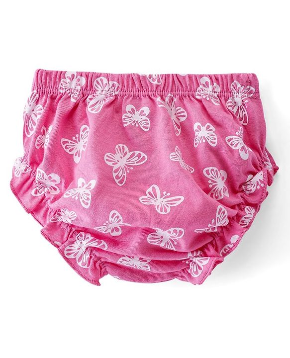Babyhug Sinker Knit Half Sleeves Frock With Bloomer Butterfly Print & Bow Applique- Pink