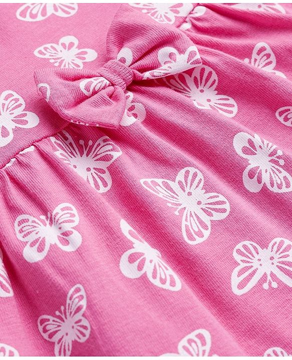 Babyhug Sinker Knit Half Sleeves Frock With Bloomer Butterfly Print & Bow Applique- Pink
