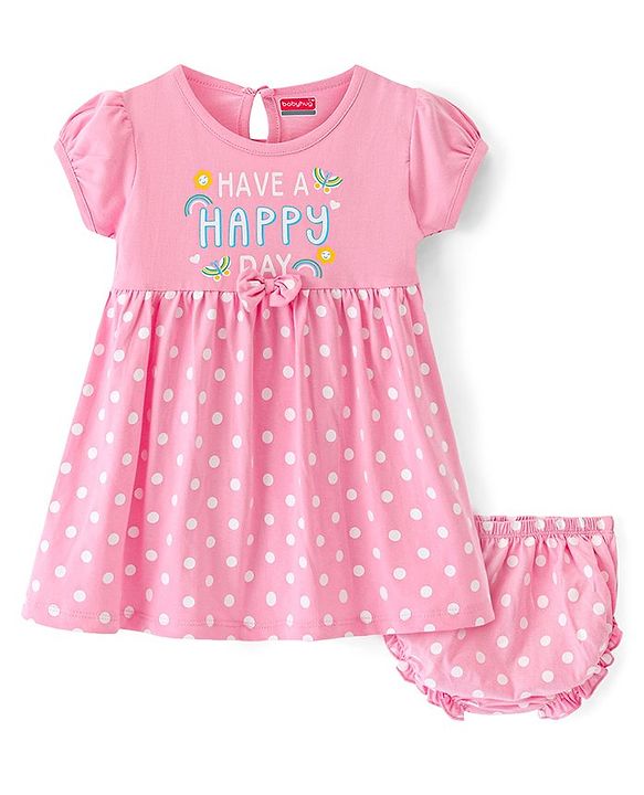 Babyhug Cotton Knit Half Sleeves Text & Polka Dots Printed Frock With Bloomer - Pink