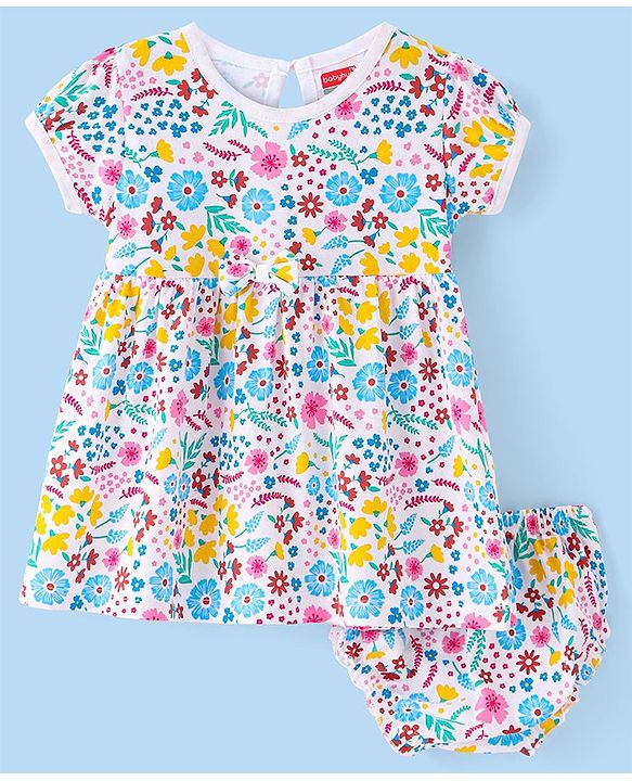 Babyhug Sinker Knit Half Sleeves Floral Printed Frock with Bloomer & Bow Applique - White
