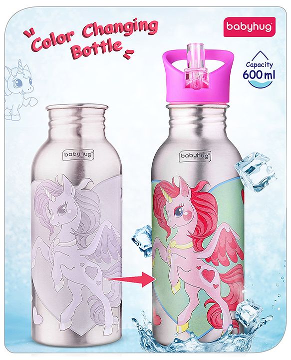 Babyhug Unicorn Theme Stainless Steel Color Changing Magic Bottle Pink |Leak Resistant|BPA Free|Rust Proof|600 ml