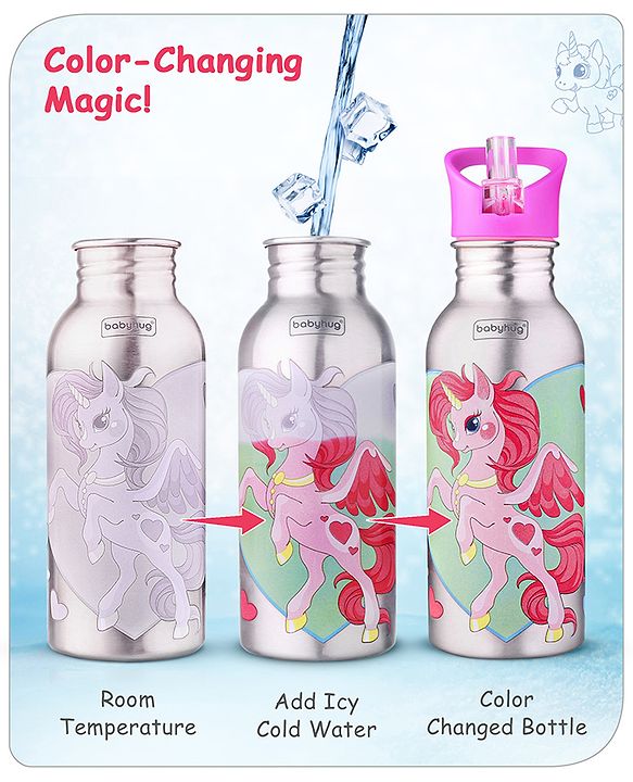 Babyhug Unicorn Theme Stainless Steel Color Changing Magic Bottle Pink |Leak Resistant|BPA Free|Rust Proof|600 ml
