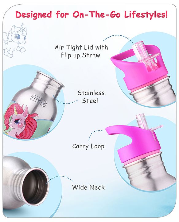 Babyhug Unicorn Theme Stainless Steel Color Changing Magic Bottle Pink |Leak Resistant|BPA Free|Rust Proof|600 ml