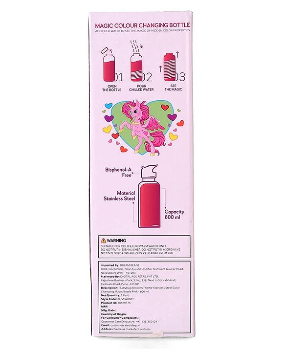 Babyhug Unicorn Theme Stainless Steel Color Changing Magic Bottle Pink |Leak Resistant|BPA Free|Rust Proof|600 ml