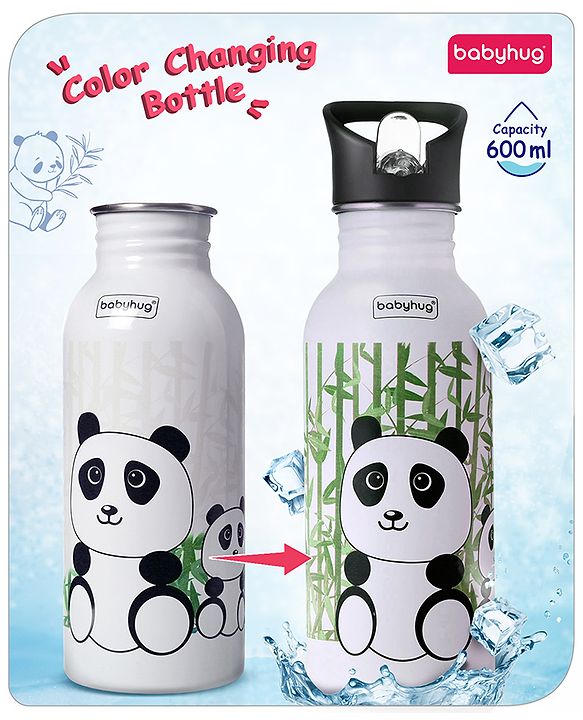 Babyhug Panda Theme Stainless Steel Color Changing Magic Bottle White|Leak Resistant|BPA Free|Rust Proof|600 ml