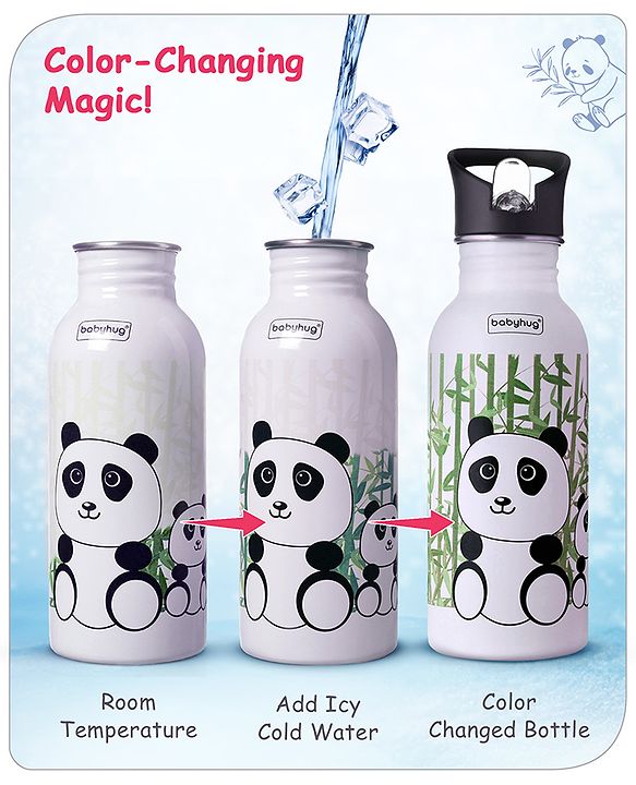 Babyhug Panda Theme Stainless Steel Color Changing Magic Bottle White|Leak Resistant|BPA Free|Rust Proof|600 ml