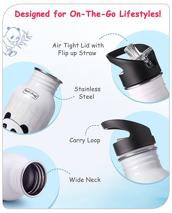 Babyhug Panda Theme Stainless Steel Color Changing Magic Bottle White|Leak Resistant|BPA Free|Rust Proof|600 ml