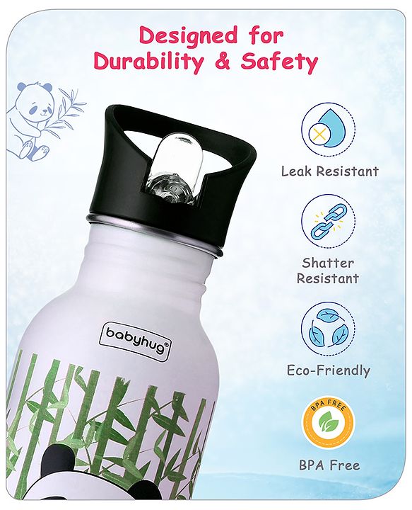 Babyhug Panda Theme Stainless Steel Color Changing Magic Bottle White|Leak Resistant|BPA Free|Rust Proof|600 ml