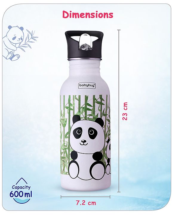 Babyhug Panda Theme Stainless Steel Color Changing Magic Bottle White|Leak Resistant|BPA Free|Rust Proof|600 ml