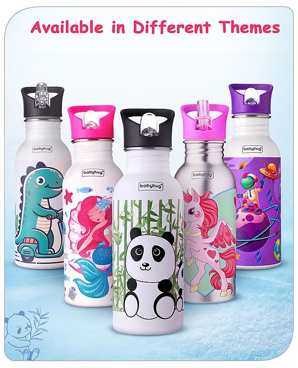 Babyhug Panda Theme Stainless Steel Color Changing Magic Bottle White|Leak Resistant|BPA Free|Rust Proof|600 ml