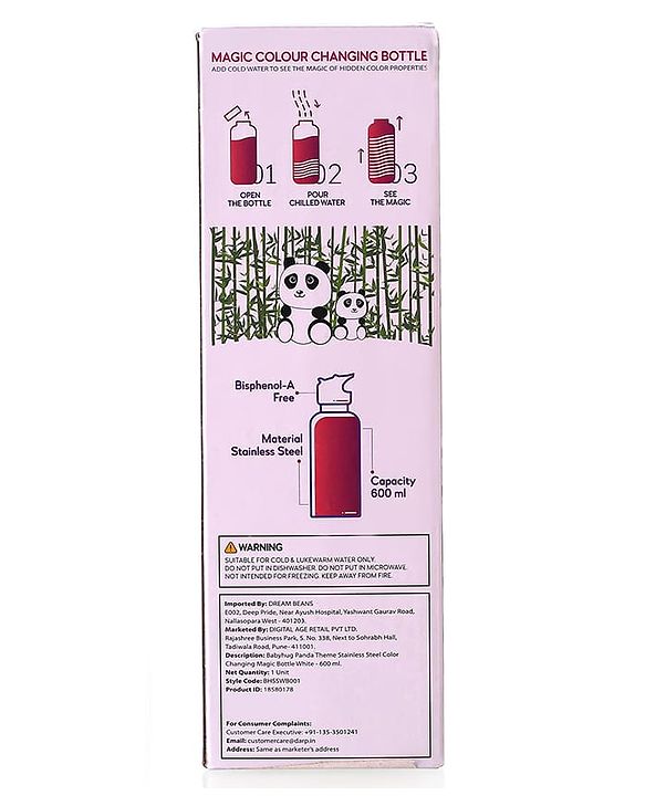 Babyhug Panda Theme Stainless Steel Color Changing Magic Bottle White|Leak Resistant|BPA Free|Rust Proof|600 ml